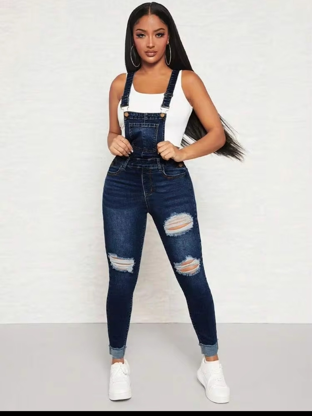 Dark Wash Denim Overalls Jeans - Distressed Skinny Women's Jeans
